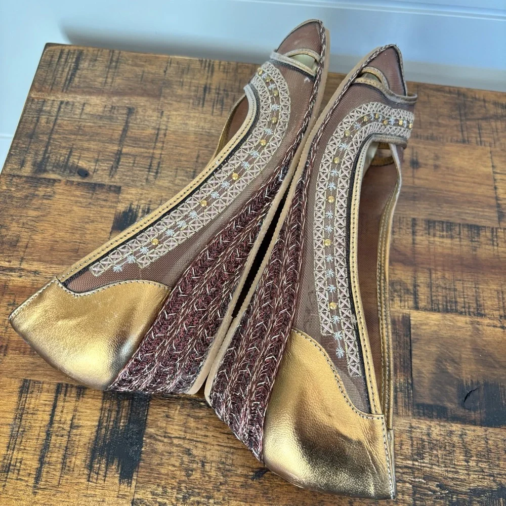 Prevata Gold and Brown Mesh Peep-Toe Wedge Size 6